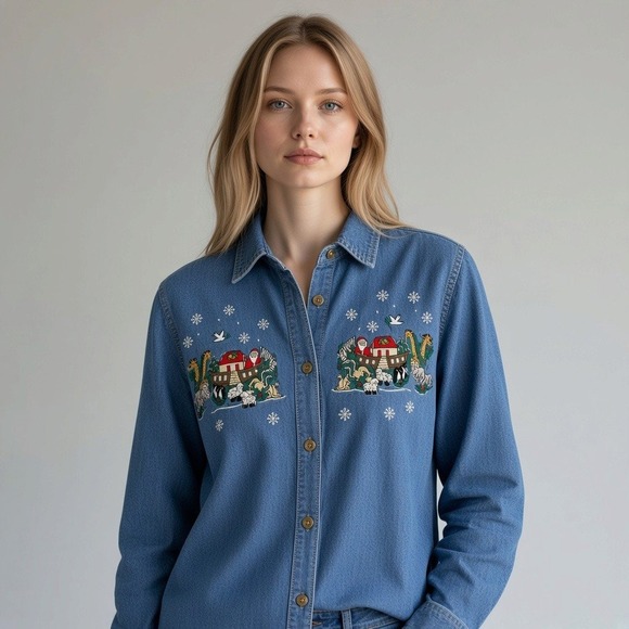 Quizzical Again Tops - Vintage 90s Quizzical Denim Shirt L Blue Christmas Noahs Ark Festive Grandmacore